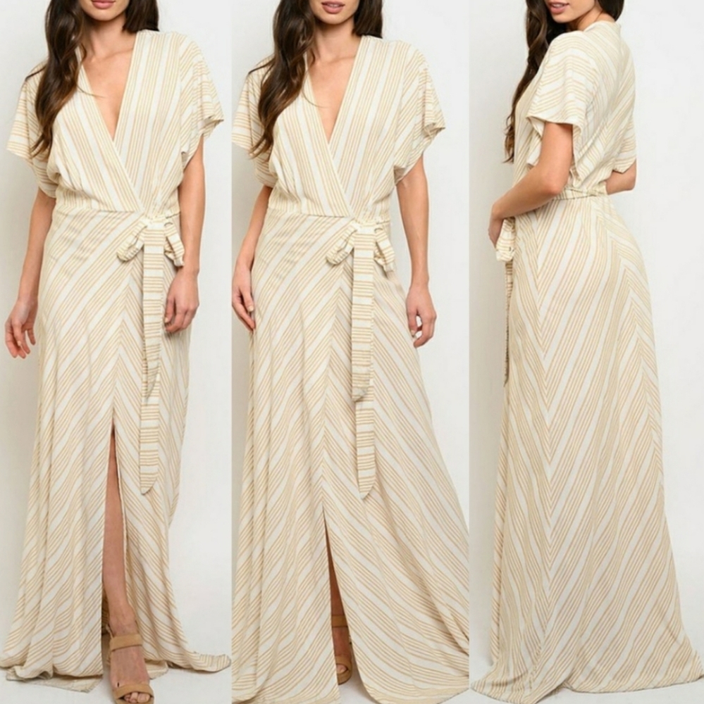 Strut & Bolt Striped Summer Maxi Wrap Dress Mustard Ivory Small Nwt